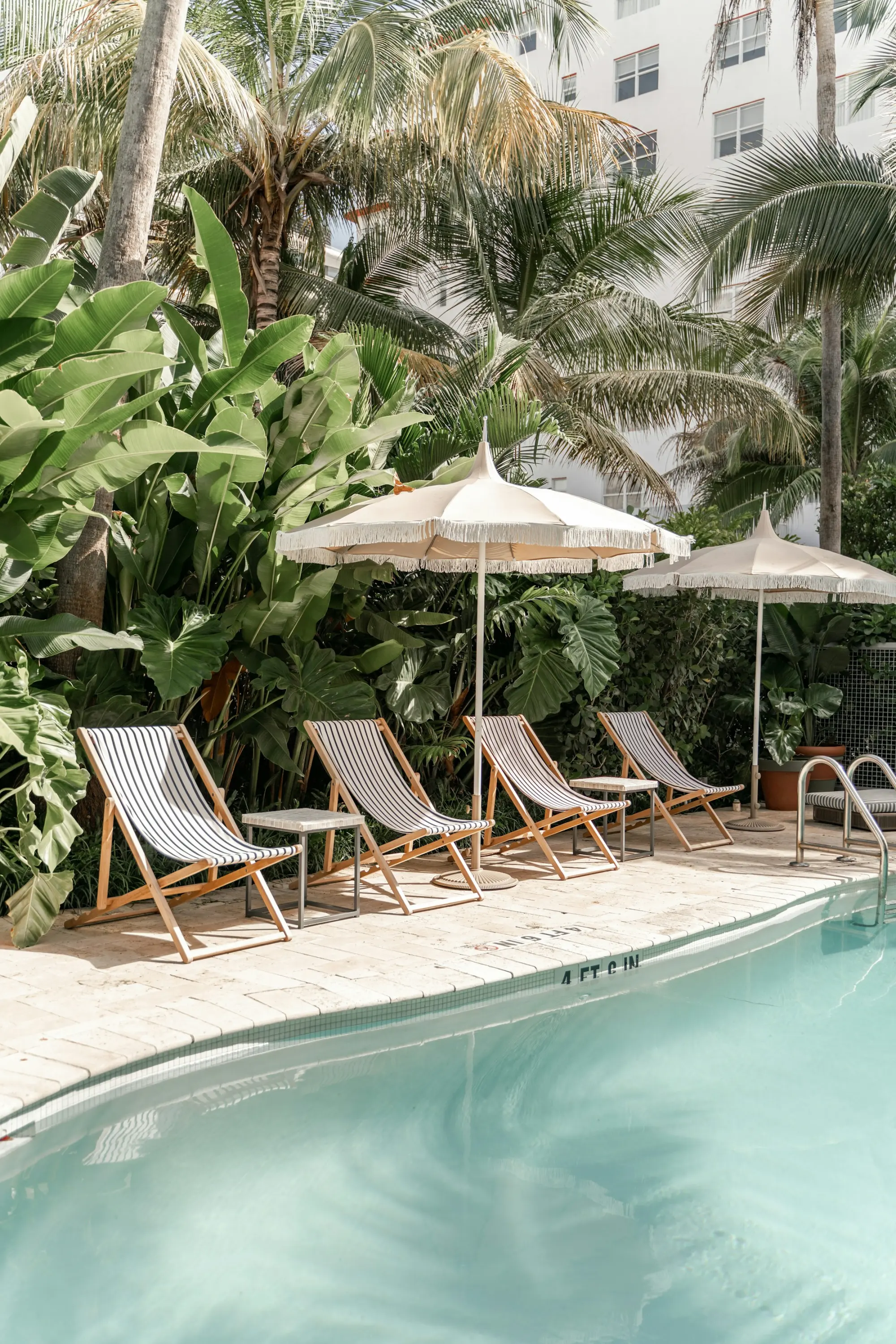 Striped loungers and parasols beside the pool, surrounded by palms